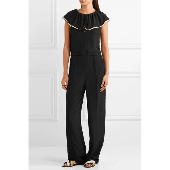 CHLOE JUMPSUIT w RUFFLE BLACK SILK CREPE DE CHINE - Picture 1 of 13